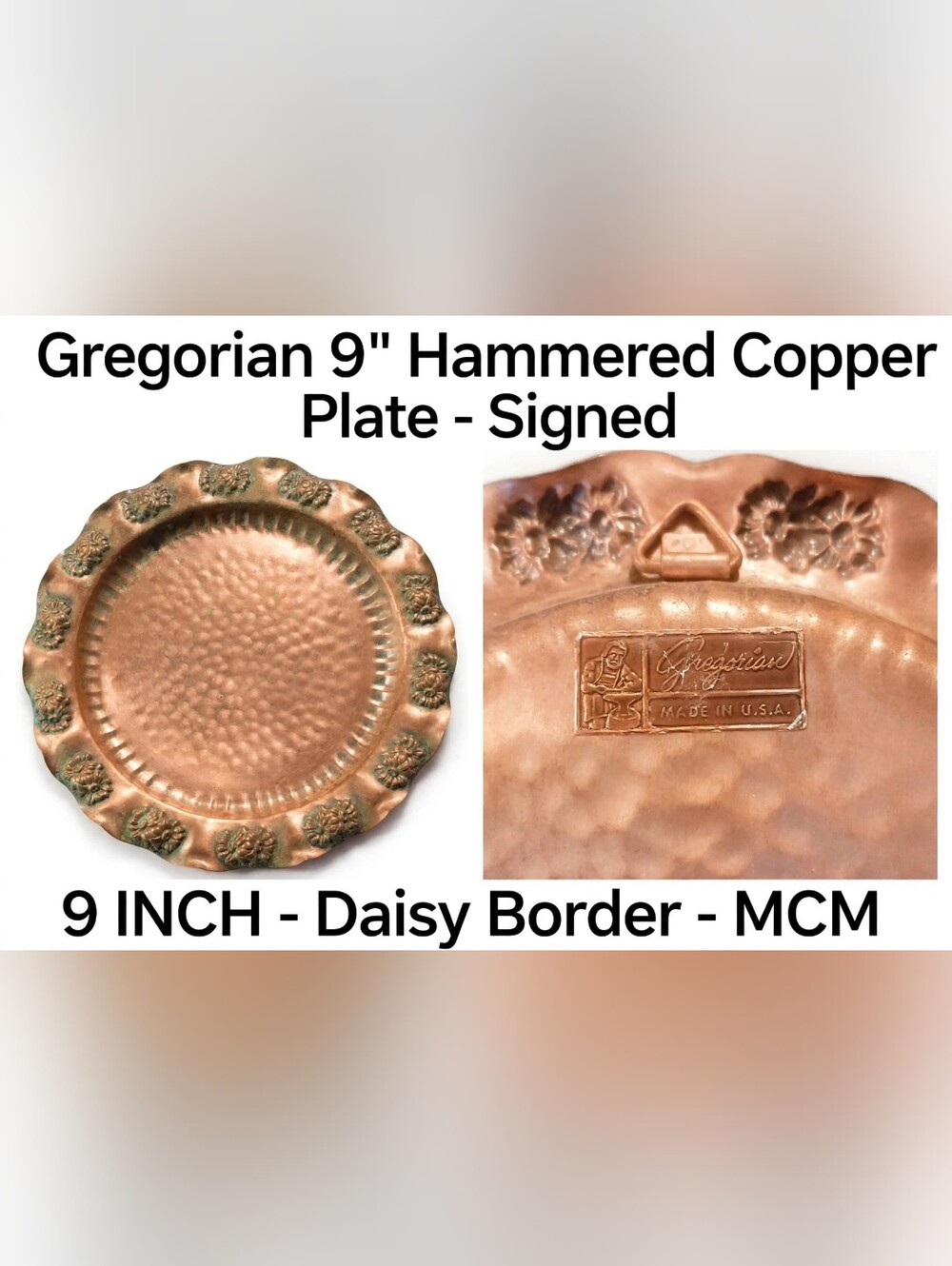 Vintage Gregorian Copper 9" Hammered Daisy Plate - Signed Authentic - Not a Repo